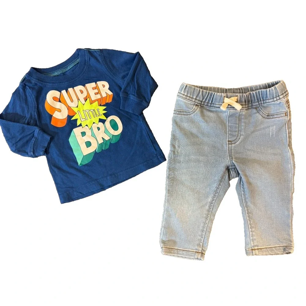 Carters‎ Baby Super Little Brother Bro Shirt Boy 6 Months Clothes Outfit Jeans